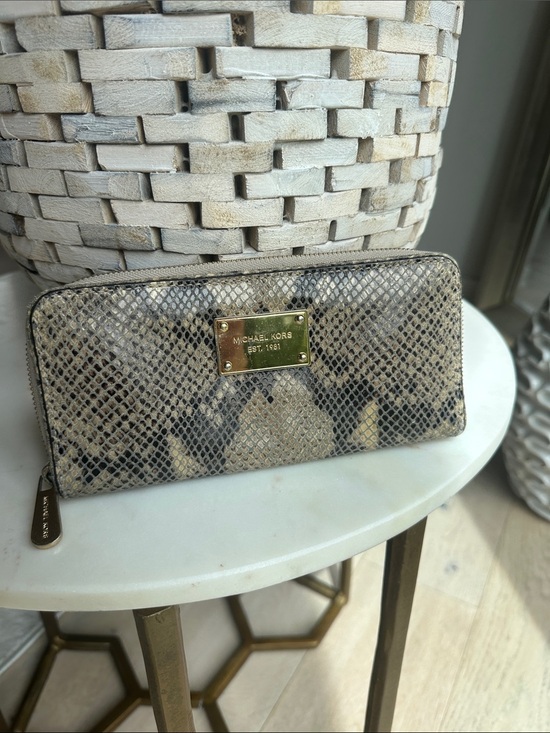 Michael Kors Handbags - Michael Kors Beige and Black Snake-Print Zip Wallet